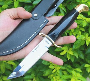 Ny M6676 utomhusöverlevnad Rak kniv D2 Satin/Mirror Polish Tanto Blad Black Color Wood med mässing Huvudhandtag Fixade blad Taktiska knivar