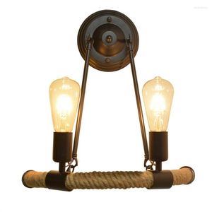 Wall Lamp Industrial Vintage Rope Sconce Loft Wooden Light E27 Bar Restaurant For Bedside Bedroom Decor