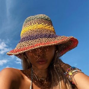 Cappelli a tesa larga Donna Sole Paglia Fatto a mano Arcobaleno a strisce all'uncinetto Spiaggia BOHO Cappello a secchiello Fishman Panama 220923