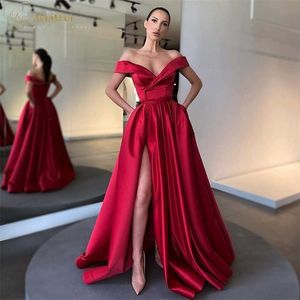 Party Dresses Burgundy A Line Evening Dress Sexy Long Party Gowns Elegant Satin Prom Dresses Button High Slit Formal Christmas Robe De Soiree 220923