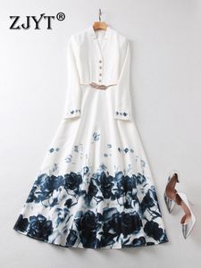 Fashion Runway Designer Floral Print Long Maxi Dress for Women Autumn Clothes 2022 Elegant Full Sleeve White Party Vestidos