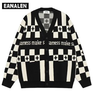 Men's Sweaters Harajuku Black Brown Diamond Geometric Oversized Jumper Cardigan Sweater Men's Vintage y2K Grandpa Ugly Knit Sweater Women's 220926