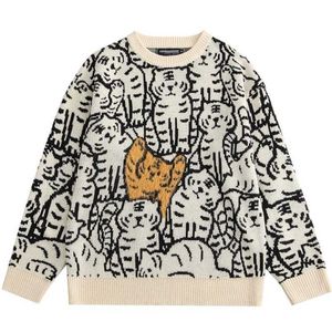 Men's Sweaters Harajuku Vintage Streetwear Pullover Cartoon Tiger Pattern Knitted Jumpers Autumn Couple Casual Loose Tops 220923