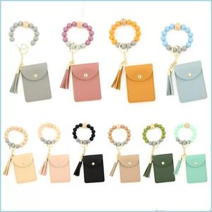 Party Favor Sile Bead Armband Party Favor Solid Color Card Bag Key Chain Wallet Leather Tassel Mti Slot Change Er Dr CigarsMokeshops Dhfle