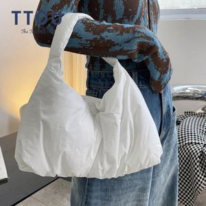 Totes Fashion Women Padded Shoulder Bag Soft Fluffy White Shopper Tote Winter Quilted Female Cotton Duvet Handbag Lady Nylon Blown