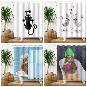 Shower Curtains Funny Cat Cute Animal Riding Whale Ocean Wave Fish Hilarious Baby Bathroom Fabric Waterproof Bath L220922