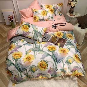 Sängkläder set Svetanya 3D Sunflowers Pastoral Nordic Satin Egyptian Cotton Bedding Set Queen King Size Bedlinens Fitted Sheet Däcke Cover Set 220924