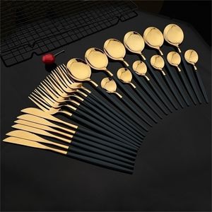 Dinnerware Sets 24Pcs Green Gold Cutlery Mirror Dinnenrware Stainless Steel Flatware Dinner Knife Fork Spoon Teaspoon For Home 220922