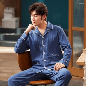 Men's Sleepwear Blue Cotton Full Sleeve Pant 2PCS Pajamas Set L-3XL Men Loose Casual Print Home Wear Spring Autumn Comfort Nightwear