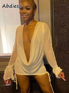 Sukienki swobodne Abdieso głęboki v szyja biała seksowna mini mesh sukienka dla kobiecych imprez 2022 czarny patrz przez długi rękaw jesienne klub bodycon sukienka Y2209