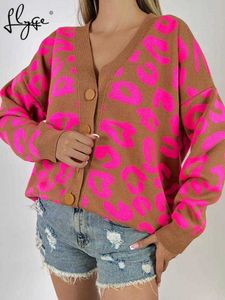 Kvinnors tröjor Leopard tryck kvinnor Cardigan tröja Knit Fashion V-Neck Overdimensionera kvinnliga jumpertröjor 2022 Autumn Dots Jumper Long Sleeve Top T220925
