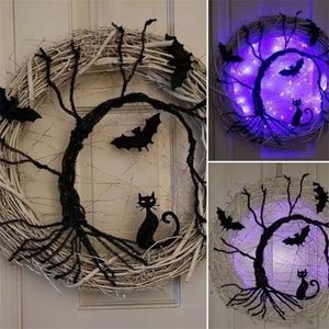 Other Festive Party Supplies Happy Halloween Wreath With LED Light Up Black Bat Cat Pendant Decoration For Home 220922