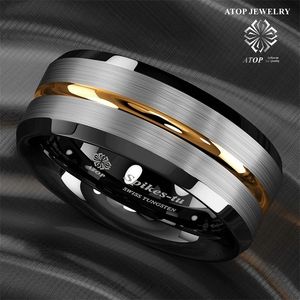 Cluster Rings ATOP 8Mm Men's wedding band Silver brushed Black edge Tungsten ring Gold inlay Customized Jewelry 220922