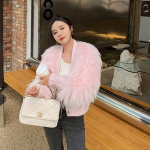 Women Sur Fur Faux Raccoon Dog Coat Women Winter Decoração de arco casual Single Basted Short Natural Real Knitting feminino 220926