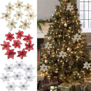 Dekorativa blommor kransar 131416cm Big Flower Head Glitter Artificial Silk Flower Christmas Tree Ornament Xmas Decoration Year Navidad 220926