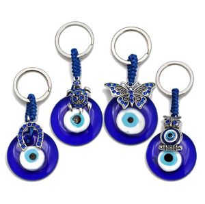 Djur Butterfully Turtle Owl Palm Evil Eyes Key Rings Keychain Metal Keyring Glass Lucky Blue Eye Pendant Ornament Keychains For Party Christmas Gift