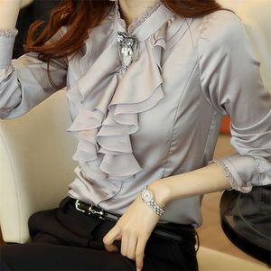 Kvinnors blusar skjortor Spring Autumn Women Ruffles Chiffon Bottom Shirt Blue Feminine Bow Long Sleeve Stand Ol Tops Femina Blusa 220923