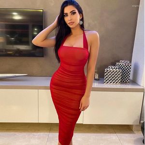 Casual Dresses Sylph Fashion Bodycon Dress Backless Ruched Mesh Cut Out For Women Zipper Split Halter Midi Vestidos Elegant Clothing