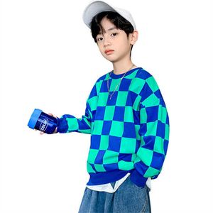 Pullover Autumn Sweatshirt For Boys Kids Casual Long Sleeve Streetwear Top Cotton Fashion Cool Plaid Print Korean Children S kläder 220924