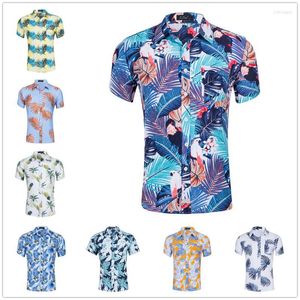 Herr t-skjortor herr t-shirts sommar t-shirt tryckt hawaiian stil kort hylsa lapel singel breasted mode personlighet andas andas