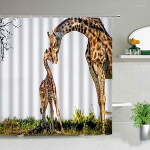 Cortinas de chuveiro Africa Animal Giraffe Banheiro de tecido impermeável impressão de banheira branca Decor de banheira Curta