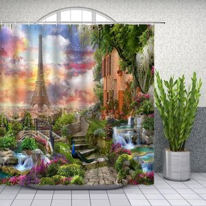 Duş Perdeleri Bahar Manzarası Eyfel Kulesi Tavuskuşu Fantezi Peyzaj Çiçek Bitki Banyo Dekor Polyester Asma Perde Seti