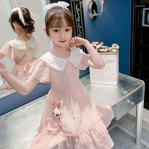 Abiti da ragazza 2022 Abito estivo con colletto per bambole per ragazze 5-16 anni Moda per bambini Vestiti a maniche corte in due pezzi rosa blu con borsa per orsi