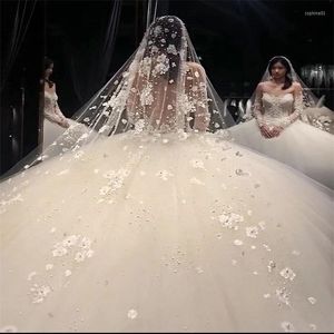 Bridal Veils Lace Appliques Beaded Pearls Women Wedding Long Cathedral 3.5M 5M Bride Headpieces White Ivory With Comb