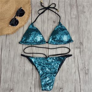 Costumi da bagno da donna Costume da bagno tinta unita da donna 2022 Bikini con paillettes Fasciatura a triangolo Cortex Vita bassa Vendita sexy Abbigliamento da spiaggia