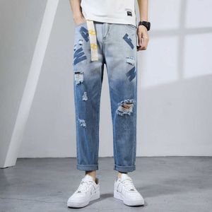 Männer Jeans Gerade Lose Männer Brief Druck Ripped Loch Mode Zwei Farbe Blooming Baggy Denim Hosen Hosen Männliche Streetwear 220923