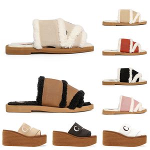 Wholesale Fur Canvas Slippers Women Designer Shoes Slides White Black Red Pink Mules Straw Platform Casual Sneakers Rubber Sandals Loafers Indoor Beach Sliders