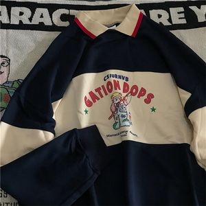 Män s hoodies tröja hösten casual vintage brev björn tryck randig lapptäcke polo krage harajuku överdimensionerade huvtröjor 220922