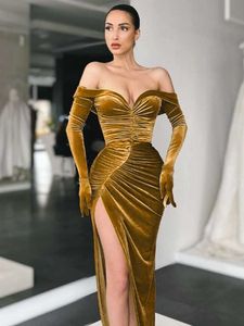 Lässige Kleider, elegant, 2022, Herbst, schulterfrei, V-Ausschnitt, gerafft, hohe Schlitz-Tunika-Kleider mit Handschuhen, Damen, sexy Midi-Abend-Party-Abschlussball-Kleid Y2209