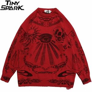 Herrtröjor hiphop stickad tröja streetwear rose ögonskorpion tryck rippade pullover män harajuku bomull avslappnad höst tröja skalle 220926