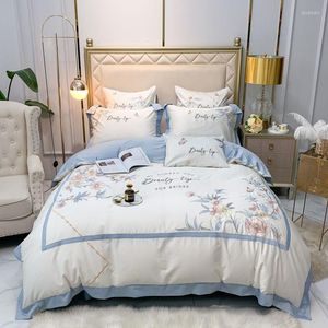 Bedding Sets Luxury Egyptian Cotton Princess Embroidery Set Flowers Quilt/Duvet Cover Bed Linen Fitted Sheet Pillowcase Bedspread