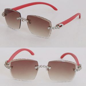 Big Stones Rimless Sunglasses Womans 3524012 Luxury Diamond Set Glasses Men Designer Wood Blinged-Out Sun Glasses Male and Female Red Wooden Metal Eyewear Size 58