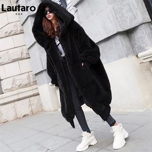 Mulheres Jaquetas Lautaro Inverno Longo Quente Espesso Cinza Oversized Faux Fur Casaco Mulheres com Grande Capuz Zipper Luxo Solto Estilo Europeu Moda 220926