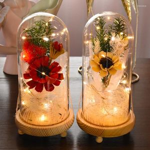 Decorative Flowers LED Glass Cover Preserved Flower Dried Bouquet Rose Christmas Home Decoration Valentine's Day Gift For Girlfriend