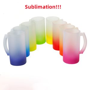 16oz Sublimation glasses Mug with handle Gradient Wine Glasses Heat Transfer Printing Frosted cup Transparent Glass Cup with white box