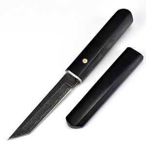 C9273 Coltello dritto da sopravvivenza VG10 Lama in acciaio damasco Ebano con manico in acciaio Coltelli da caccia a lama fissa con fodero in legno