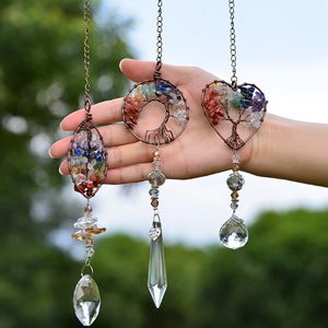 Natursten Yoga Healing Andlig Hem Fönster Vägghängande Hänge Dekor Livsträd Häng Chakra Sten Prisma Naturlig Kristall Charm Ornament