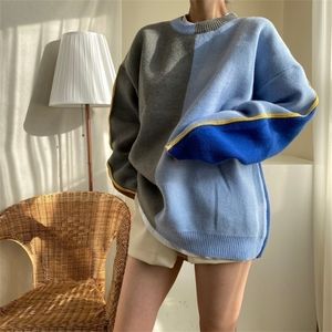 Womens Sweaters fashion temperament age reduction fourcolor stitching loose round neck pullover lantern long sleeve sweater 220923
