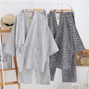 Mäns sömnkläder samurai man japansk traditionell kiimoono set pyjamas vågtryck vneck lös stil bomulls sömnkläder pyjamas haori byxor 220924