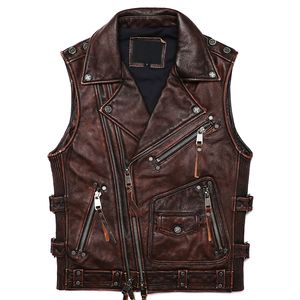 Erkekler Vintage Kahverengi Motosiklet Biker Deri Yelek Erkekler Gerçek Cowhide Yüksek Kaliteli Kolsuz Ceket İnce Club Style Coat 220926