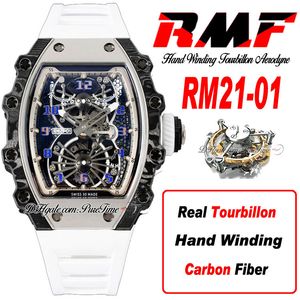 21-01 Real Tourbillon Aerodyne Hand Winding Mens Watch RMF Steel Carbon Case Histeron Dial White Rubber Strap Watches Super Edition Phetime B2