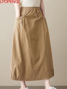 Юбки хлопка и льняная юбка Женская средняя длина летняя литературная ретро -ретро -свободное винтаж Сплошная гибкая юбка Aline 220924