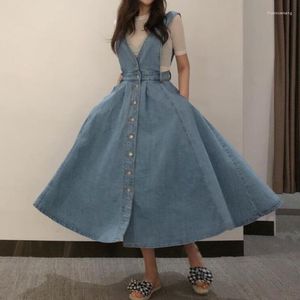 Casual Dresses Autumn Large Hem Denim Dress H￶g midja Enkelt breasted Long Jean Spaghetti Strap Wash Fashion Women W681