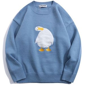 Erkek kazakları harajuku büyük boy örgü kazak erkek karikatür ördek kaz nakış jumperları Japon moda o boyun sokak kıyafeti çift unisex 220927