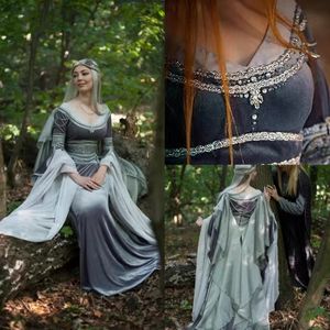 Een Wedding Romantic Vintage Fantasy Dress A-line średniowieczna suknia Fairy Long Rleeve Corset Gotyckie sukienki ślubne Sier Grey Veet Masquerade Hollywood Robe Es