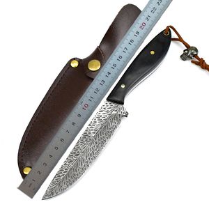 1Pcs C9272 Survival Straight Knife 5Cr13Mov Laser Pattern Drop Point Blade Full Tang Wood Handle Fixed Blade Hunting Knives with Leather Sheath